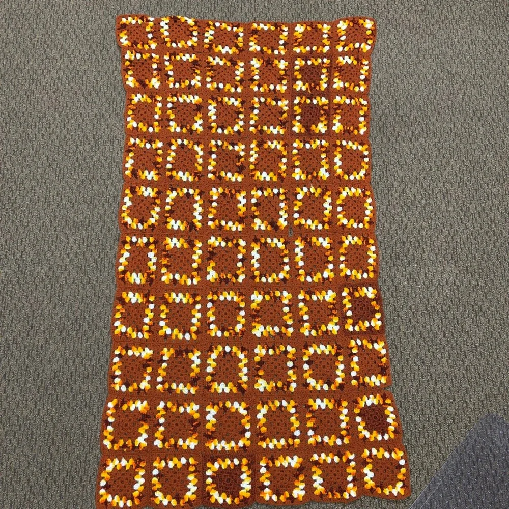 Homemade Crochet Afghan‎ Blanket 65x36 Brown Orange Yellow Granny Square Retro